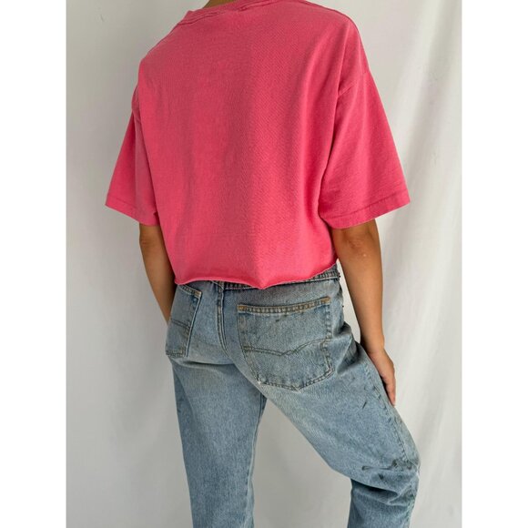 90s vintage pink bonjour paris travel souvenir cotton cropped tee shirt crop top - Picture 4 of 9